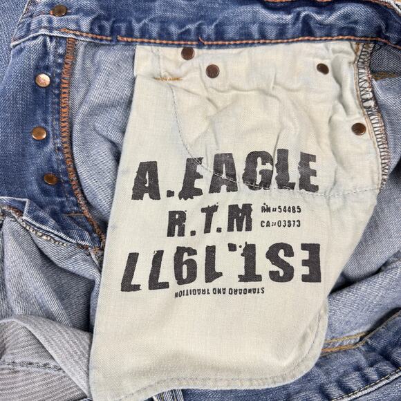 Y2K American Eagle Men’s 34x30 Straight‎ Leg Button Fly Jeans Blue Distressed - Picture 12 of 16